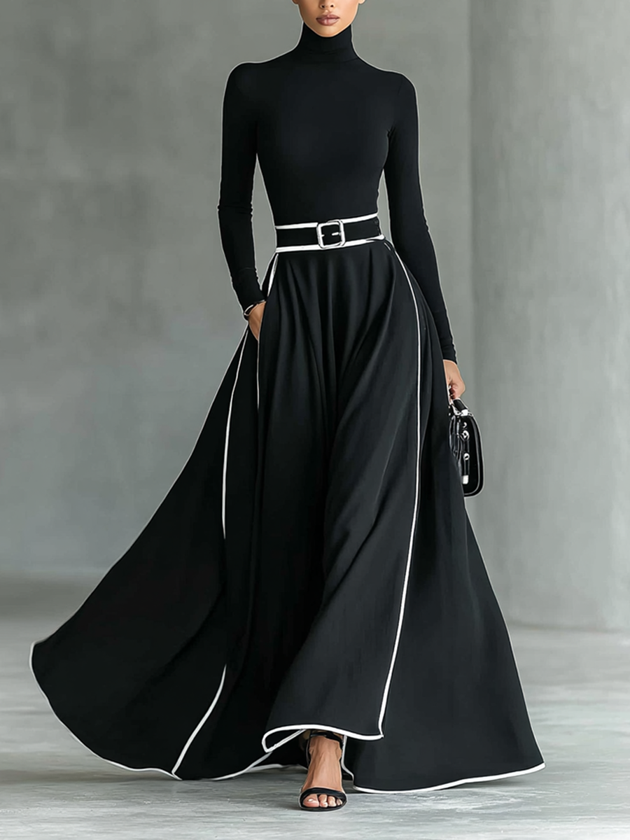 Maxi Kleid Schwarz mit Weißen Nähten, Hohem Kragen, Langen Ärmeln und Tailliertem Schnitt