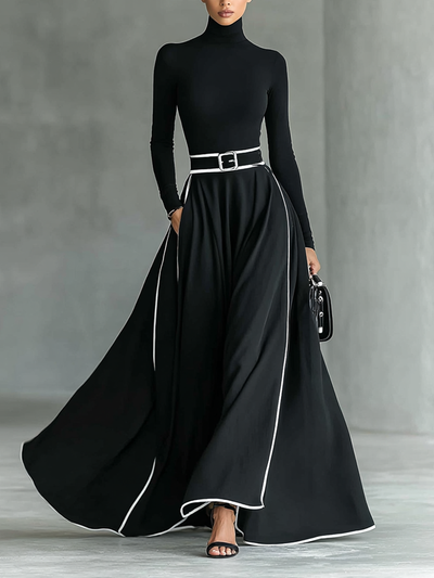 Maxi Kleid Schwarz mit Weißen Nähten, Hohem Kragen, Langen Ärmeln und Tailliertem Schnitt
