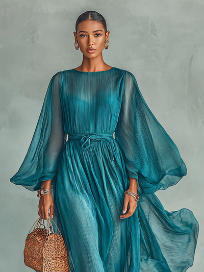Maxikleid aus Chiffon mit Rundhalsausschnitt und langen Ärmeln für Frauen, mit verstellbarem Bund