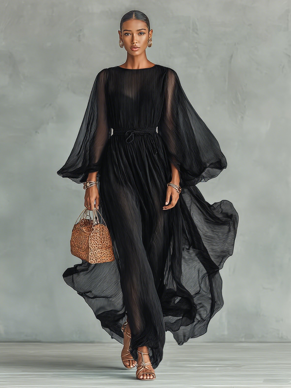 Maxikleid aus Chiffon mit Rundhalsausschnitt und langen Ärmeln für Frauen, mit verstellbarem Bund