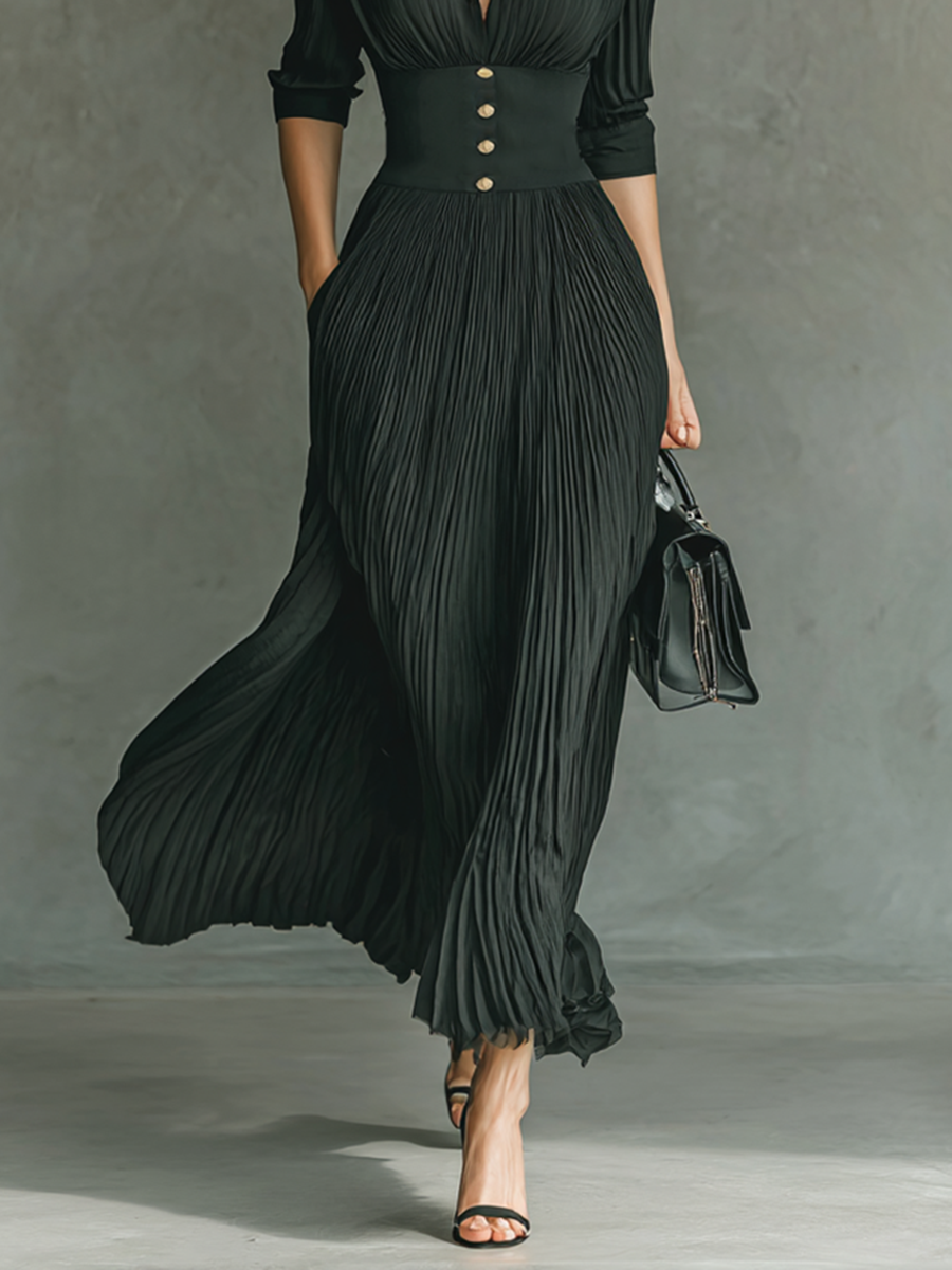 Maxi Kleid Lang mit langen Ärmeln und Reverskragen und Falten