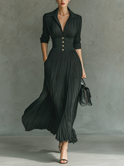Maxi Kleid Lang mit langen Ärmeln und Reverskragen und Falten