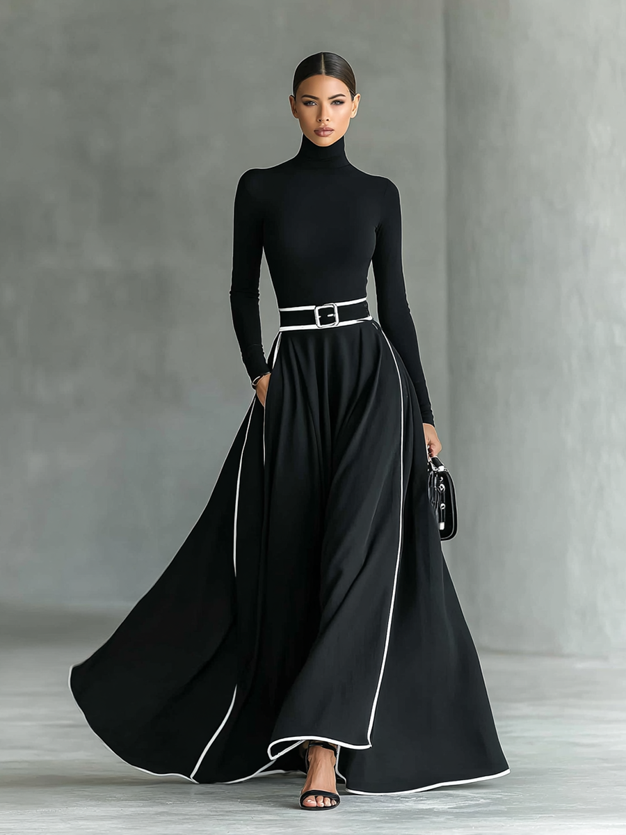 Maxi Kleid Schwarz mit Weißen Nähten, Hohem Kragen, Langen Ärmeln und Tailliertem Schnitt