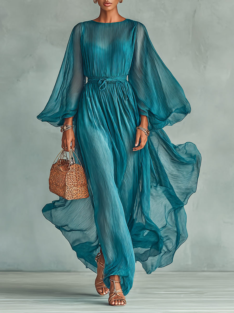 Maxikleid aus Chiffon mit Rundhalsausschnitt und langen Ärmeln für Frauen, mit verstellbarem Bund