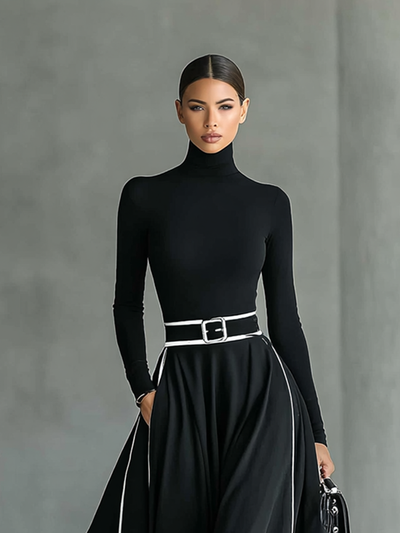 Maxi Kleid Schwarz mit Weißen Nähten, Hohem Kragen, Langen Ärmeln und Tailliertem Schnitt