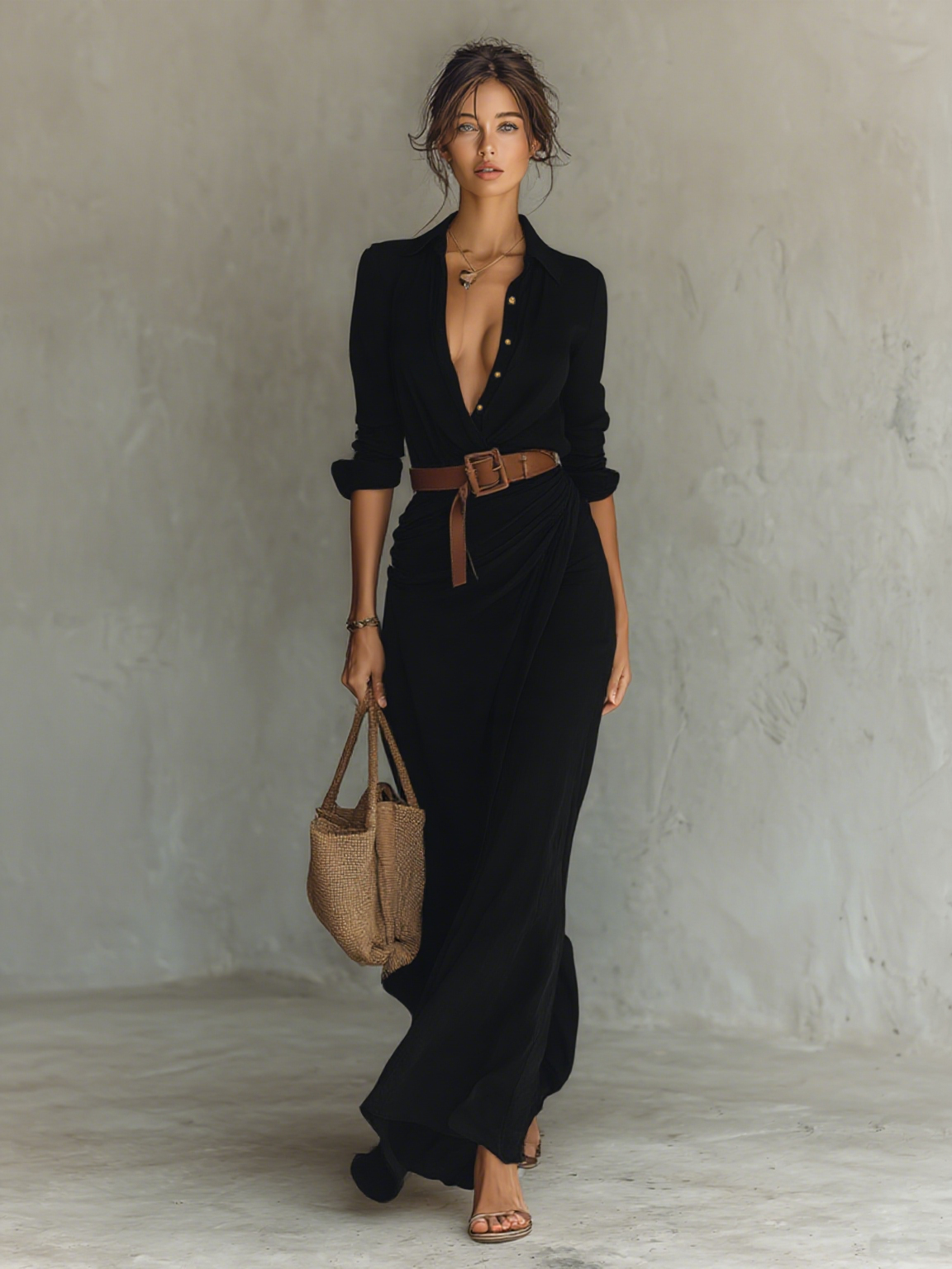 Maxi-Langkleid mit Kragen und Gürtel