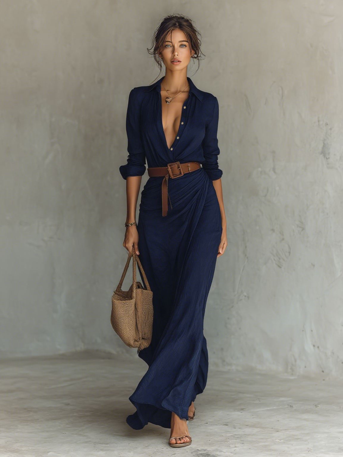 Maxi-Langkleid mit Kragen und Gürtel