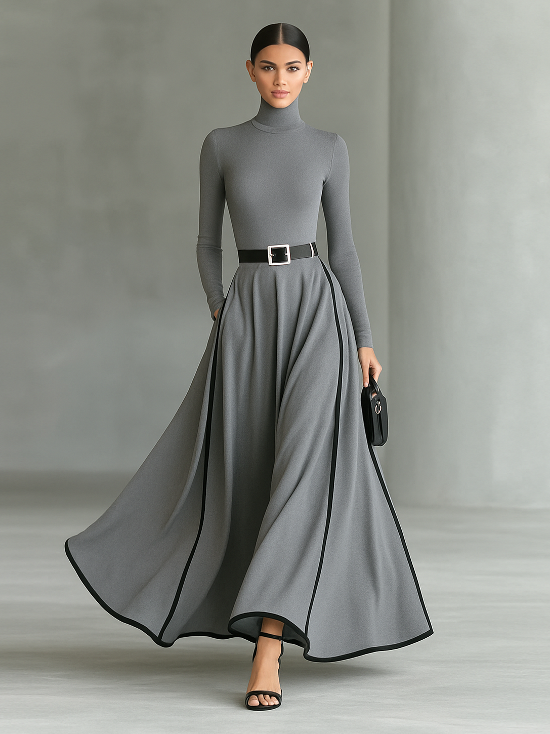 Maxi Kleid Schwarz mit Weißen Nähten, Hohem Kragen, Langen Ärmeln und Tailliertem Schnitt