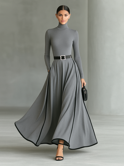 Maxi Kleid Schwarz mit Weißen Nähten, Hohem Kragen, Langen Ärmeln und Tailliertem Schnitt