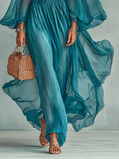 Maxikleid aus Chiffon mit Rundhalsausschnitt und langen Ärmeln für Frauen, mit verstellbarem Bund