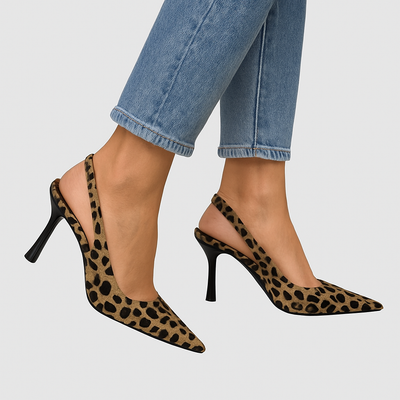 Olivia - Spitz zulaufende Leopardenmuster Slingback Khaki Stiletto Absätze