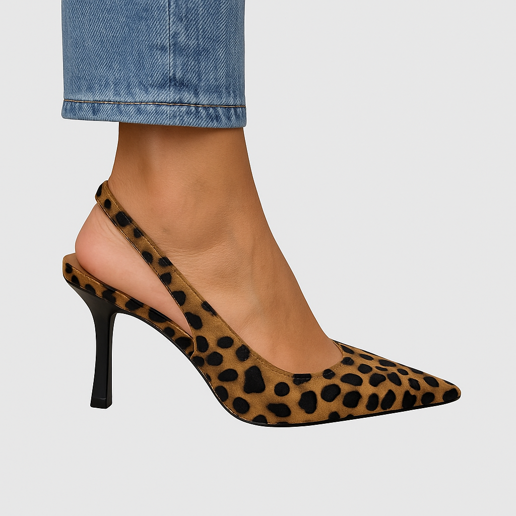 Olivia - Spitz zulaufende Leopardenmuster Slingback Khaki Stiletto Absätze