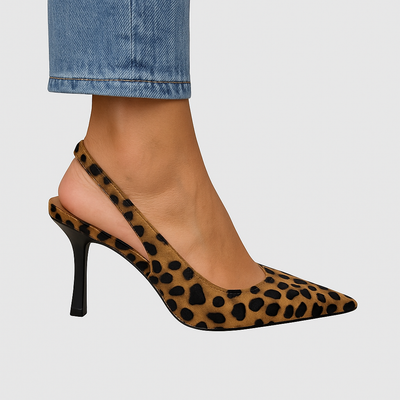 Olivia - Spitz zulaufende Leopardenmuster Slingback Khaki Stiletto Absätze