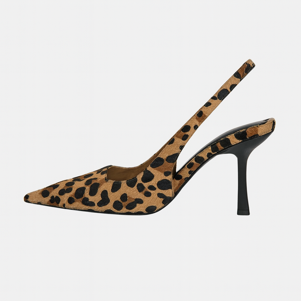 Olivia - Spitz zulaufende Leopardenmuster Slingback Khaki Stiletto Absätze