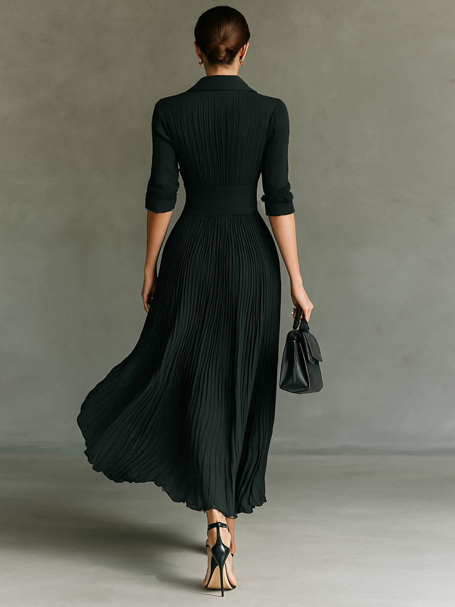 Maxi Kleid Lang mit langen Ärmeln und Reverskragen und Falten