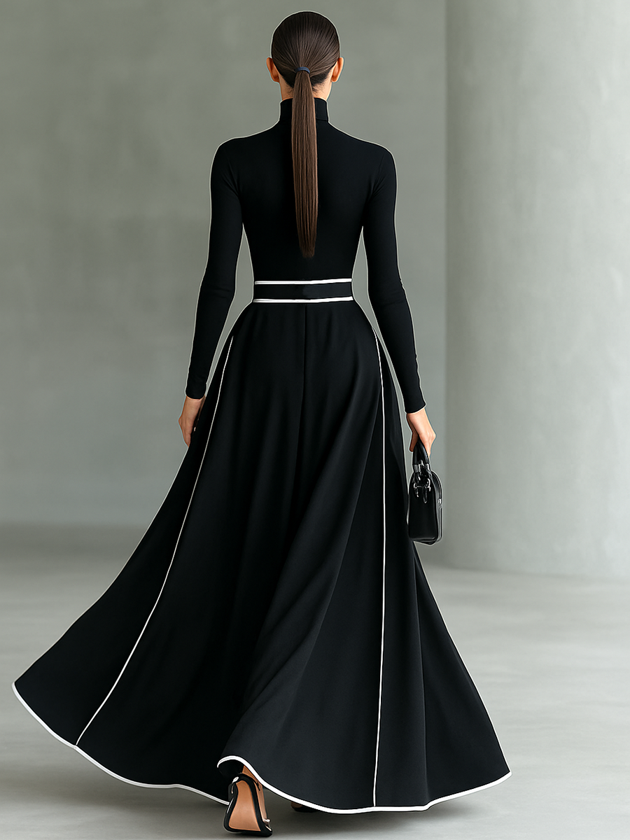Maxi Kleid Schwarz mit Weißen Nähten, Hohem Kragen, Langen Ärmeln und Tailliertem Schnitt