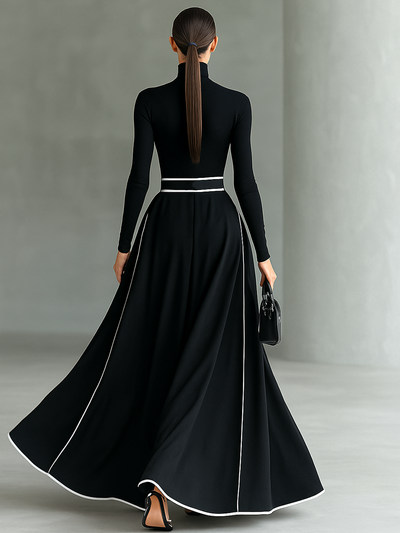 Maxi Kleid Schwarz mit Weißen Nähten, Hohem Kragen, Langen Ärmeln und Tailliertem Schnitt