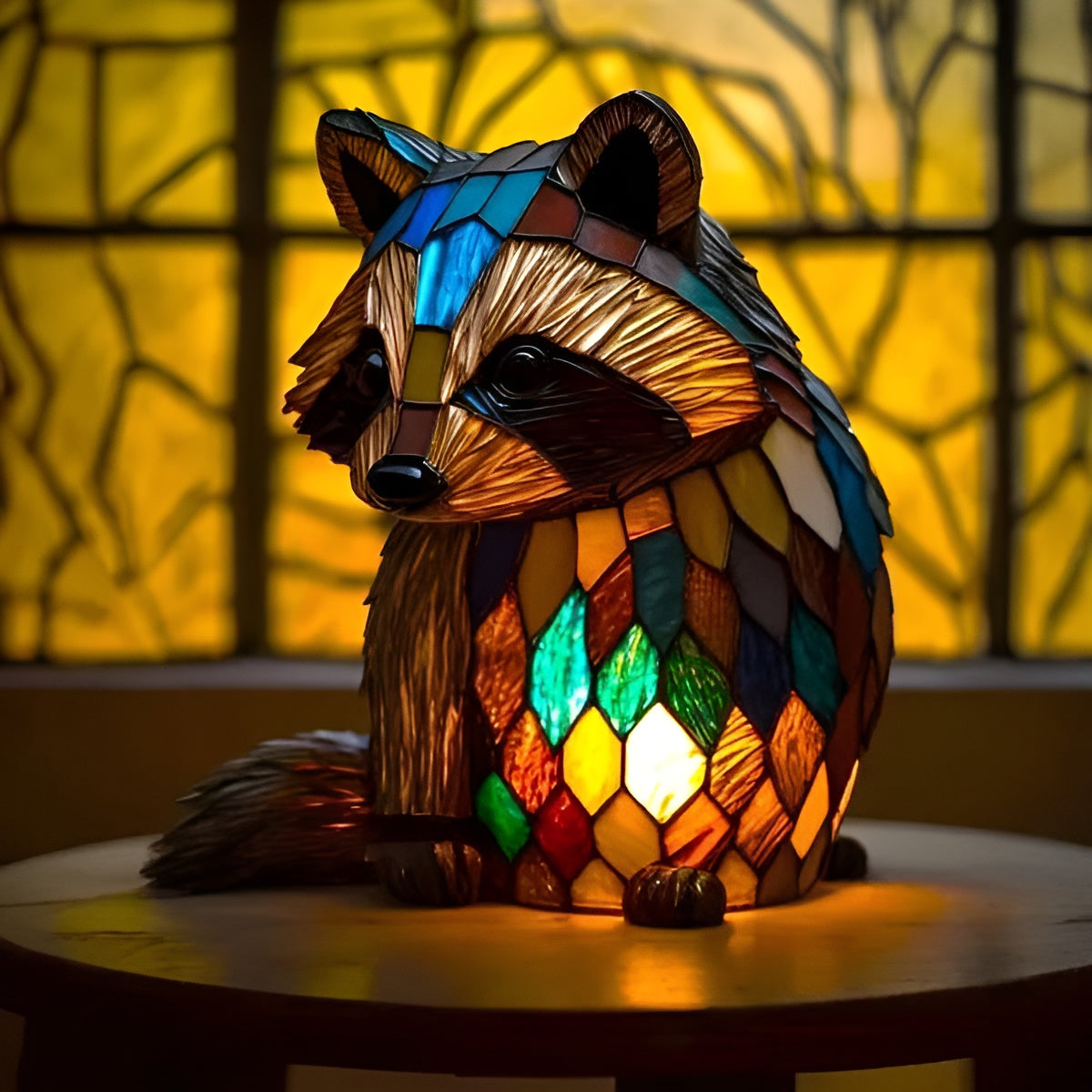 Grisou – Magische Waschbärlampe aus buntem Glas