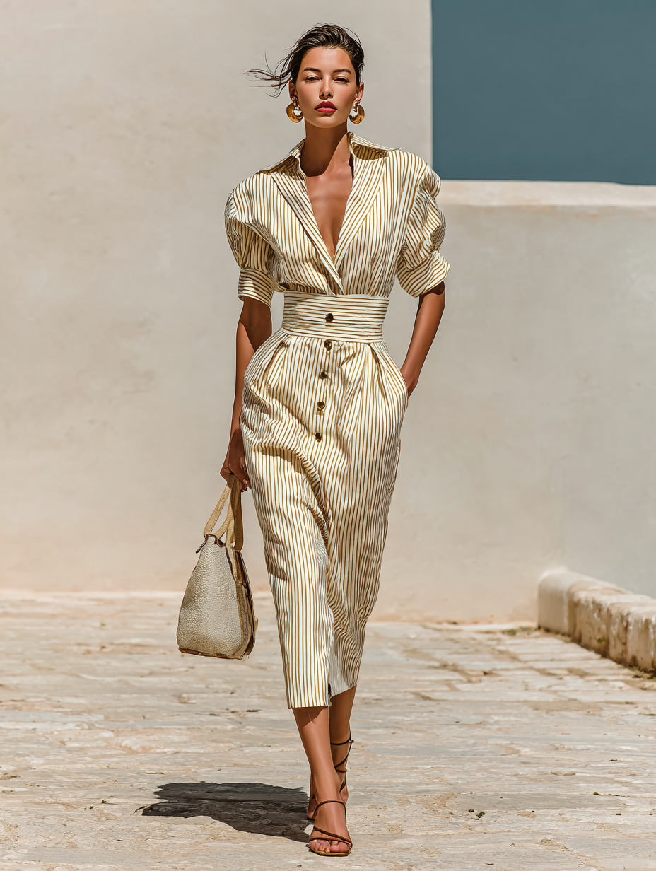 Midi Kleid mit Streifen, Kragen und kurzen Ärmeln