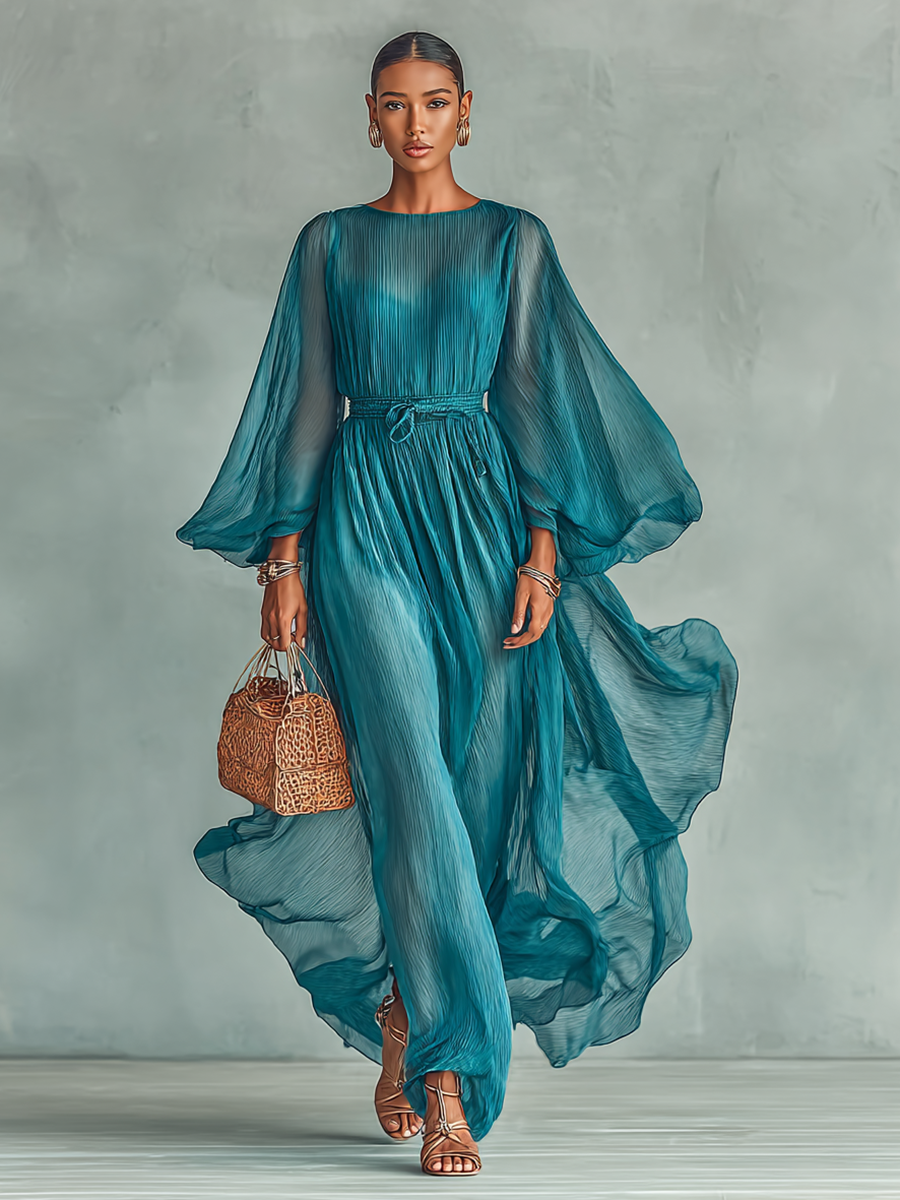 Maxikleid aus Chiffon mit Rundhalsausschnitt und langen Ärmeln für Frauen, mit verstellbarem Bund