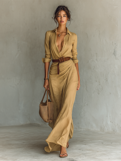 Maxi-Langkleid mit Kragen und Gürtel