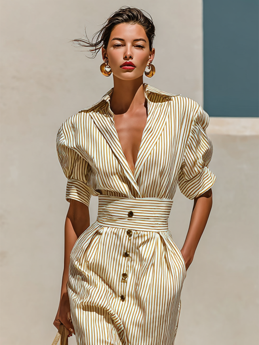 Midi Kleid mit Streifen, Kragen und kurzen Ärmeln