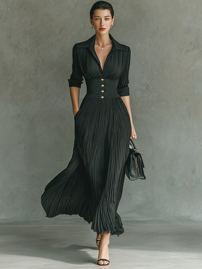 Maxi Kleid Lang mit langen Ärmeln und Reverskragen und Falten
